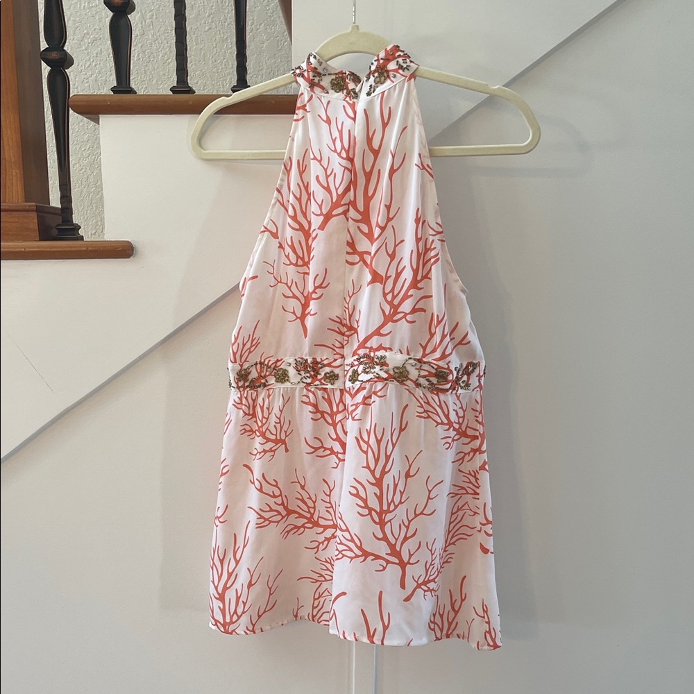 MICHAEL Michael Kors Silk Coral Print Halter Top with Embellished Waist, Size 10 - Picture 4 of 16